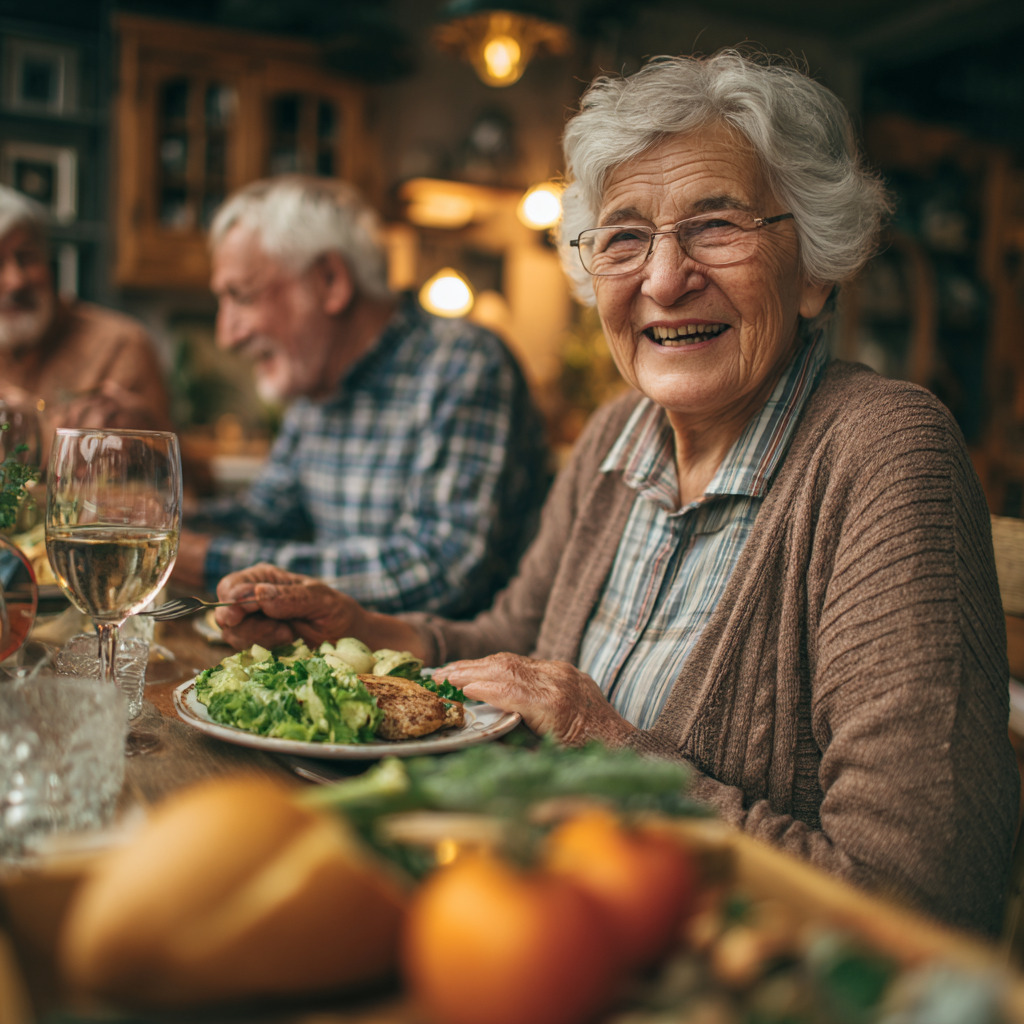 Older adults enjoying freshly prepared balanced meal in cozy dining room setting